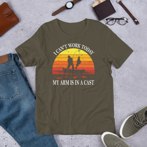 Funny Fishing Retro Sunset I Can't Work Today My Arm Is In a Cast Fisherman Short-Sleeve Unisex T-Shirt - Image 7