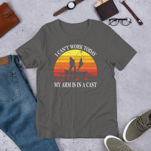 Funny Fishing Retro Sunset I Can't Work Today My Arm Is In a Cast Fisherman Short-Sleeve Unisex T-Shirt - Image 8