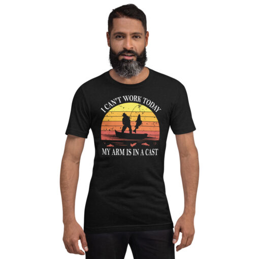 Funny Fishing Retro Sunset I Can't Work Today My Arm Is In a Cast Fisherman Short-Sleeve Unisex T-Shirt - Image 2