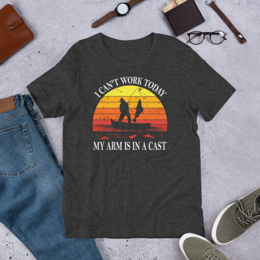 Funny Fishing Retro Sunset I Can't Work Today My Arm Is In a Cast Fisherman Short-Sleeve Unisex T-Shirt - Image 6