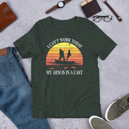 Funny Fishing Retro Sunset I Can't Work Today My Arm Is In a Cast Fisherman Short-Sleeve Unisex T-Shirt - Image 5
