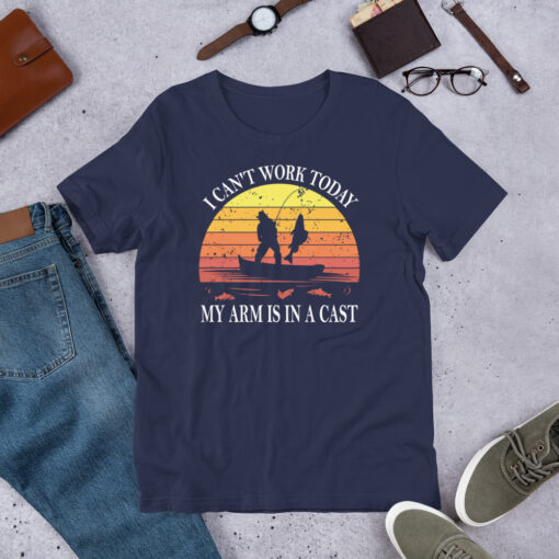 Funny Fishing Retro Sunset I Can't Work Today My Arm Is In a Cast Fisherman Short-Sleeve Unisex T-Shirt - Image 3